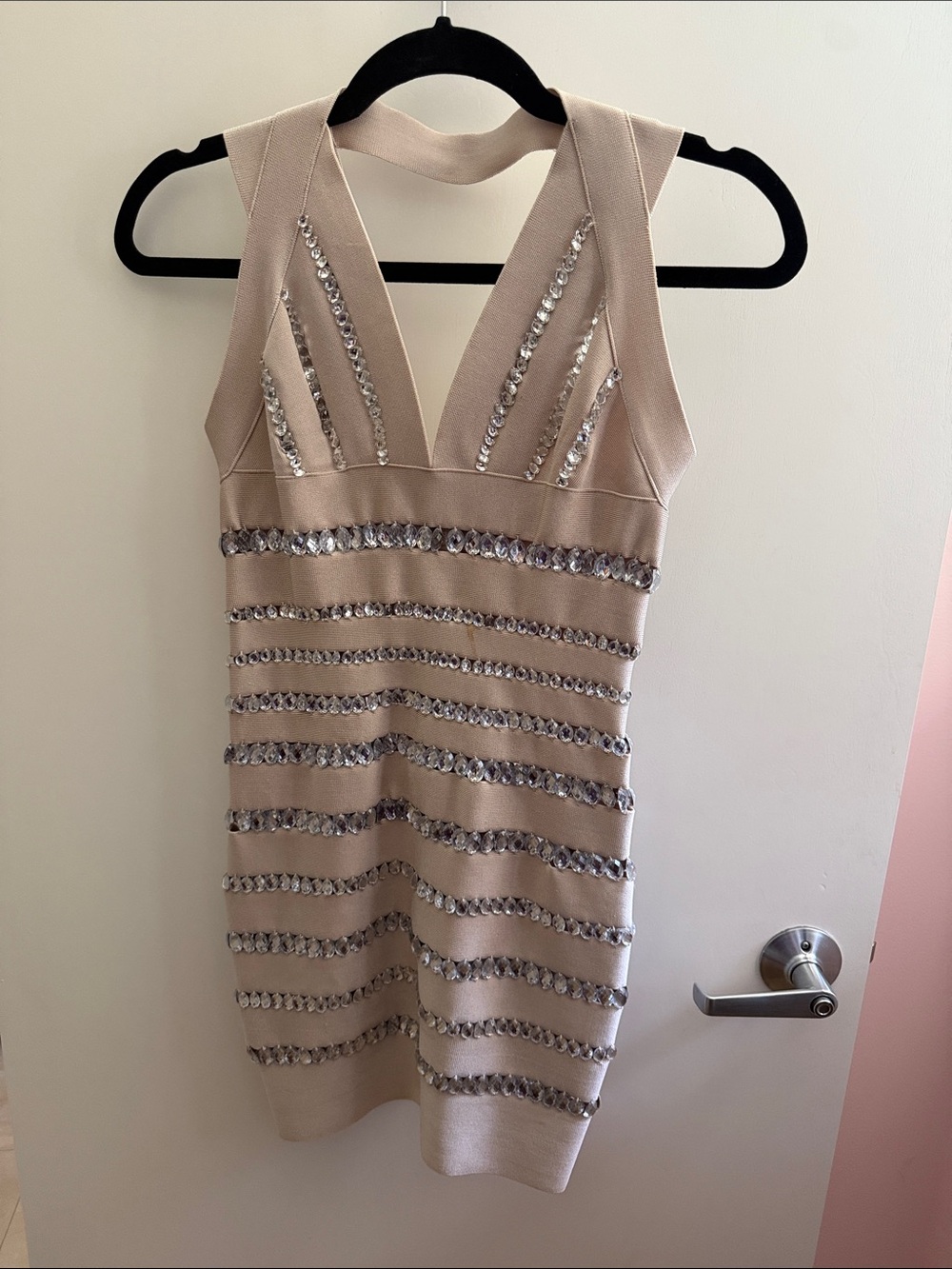 Sleeveless Beige Embellished Bandage Dress